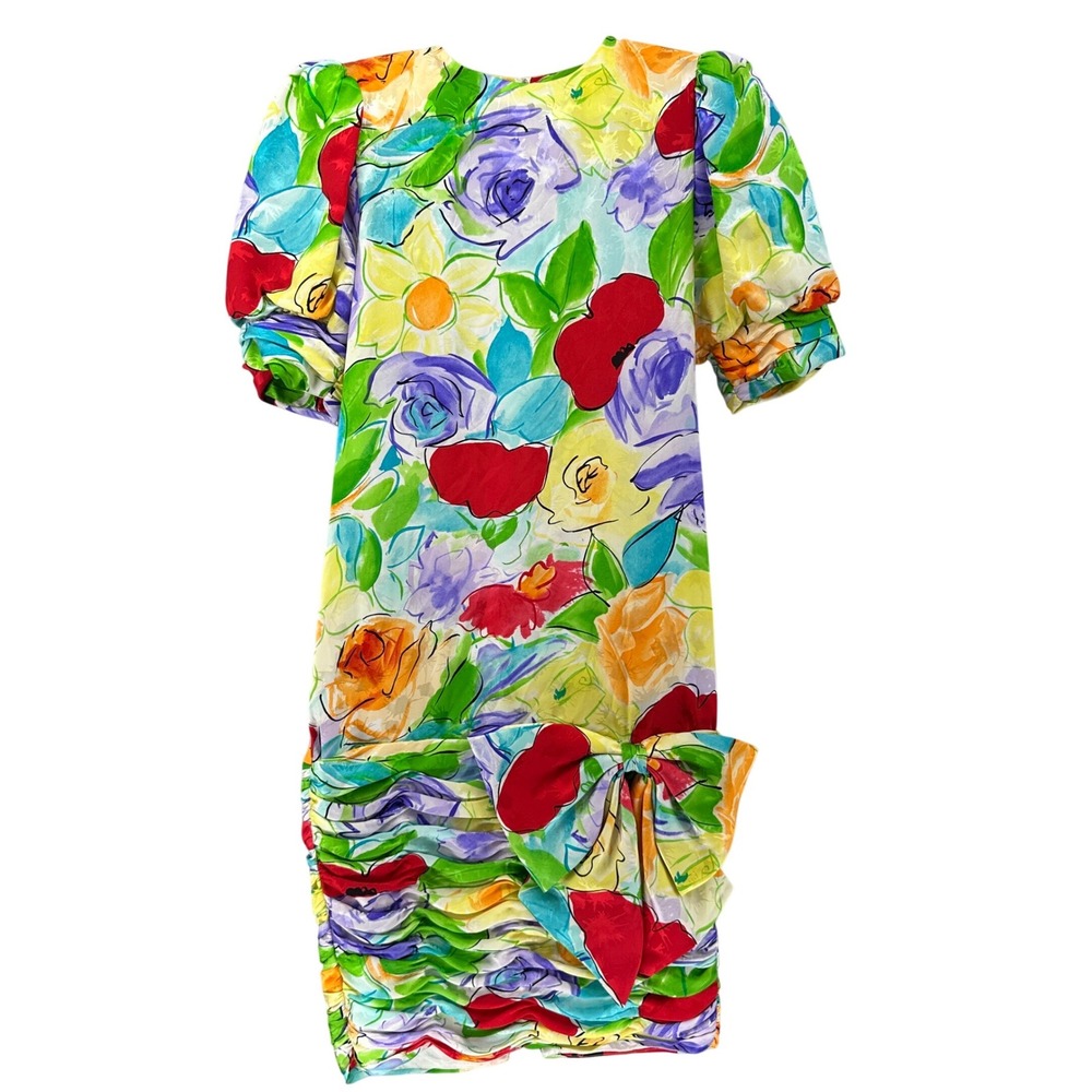 VTG R&K Originals Silk Floral Puff Sleeve Ruched Bow Dress Multi Color 80s 90s